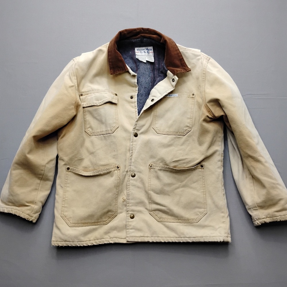 Vintage Master Made USA Mens 44 Canvas Chore Coat Blanket Lined Tan Duck Jacket